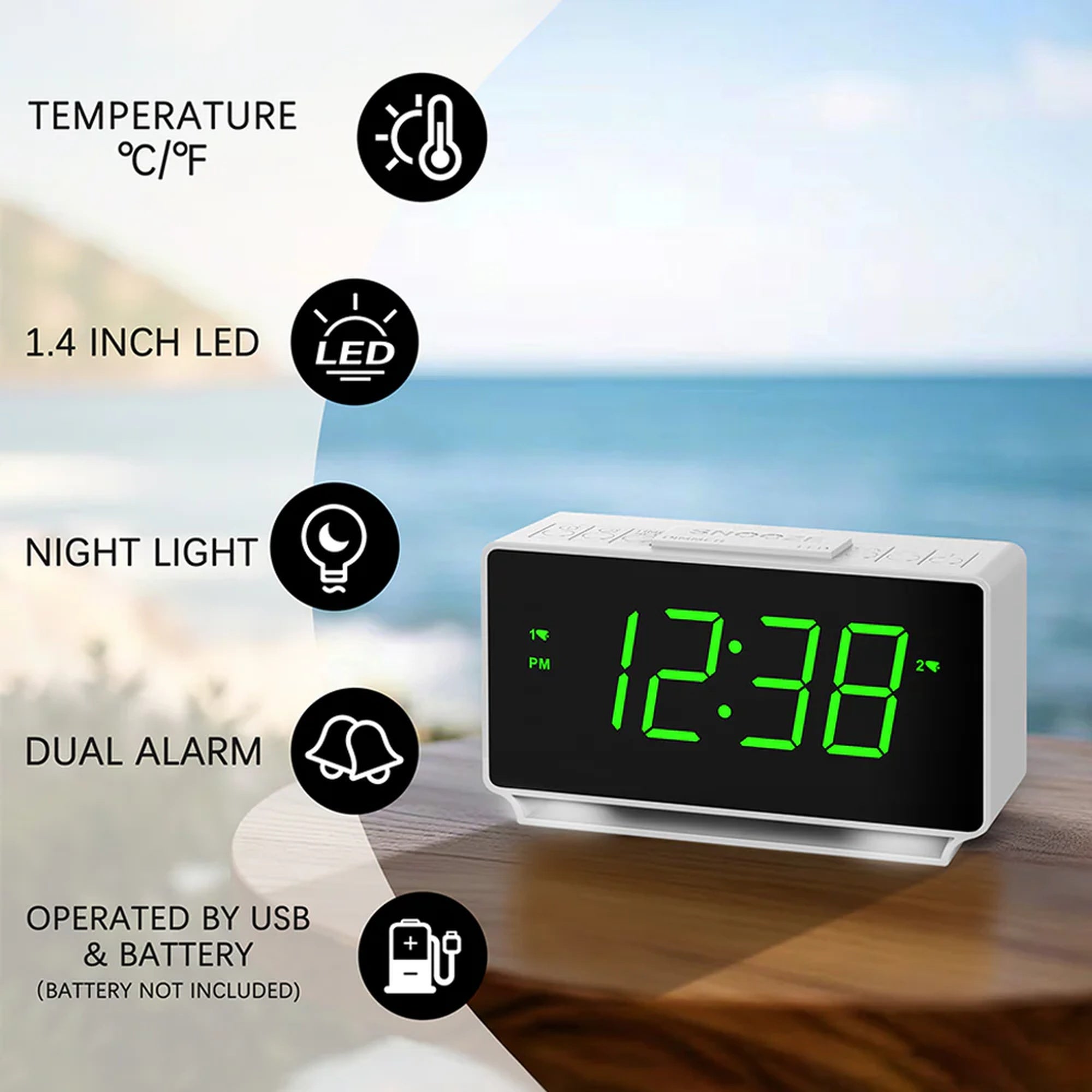 Digital Alarm Clock with Dual Alarms, 7-5-2 Mode, LED Display, USB & Battery Powered, Temperature Display (°C/°F), 4-Level Brightness & 2-Level Night Light Model 3301– White Digital Alarm Clock with Dual Alarms, 7-5-2 Mode, LED Display, USB & Battery Powered, Temperature Display (°C/°F), 4-Level Brightness & 2-Level Night Light Model 3301– White